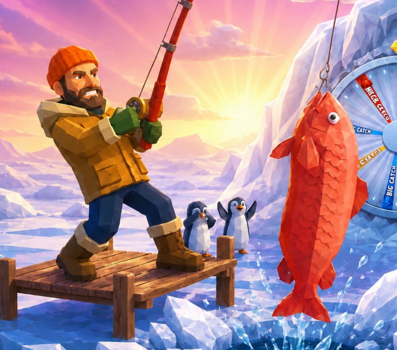 Fishing Time key art: the angler landing a large red fish beside the catch wheel on the frozen lake