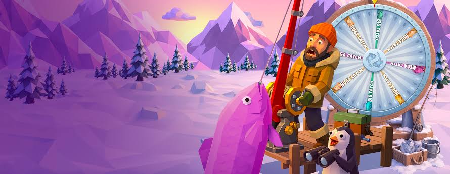 Wide view of the Fishing Time ice lake with the segmented Big Catch and Huge Catch wheel beside the angler
